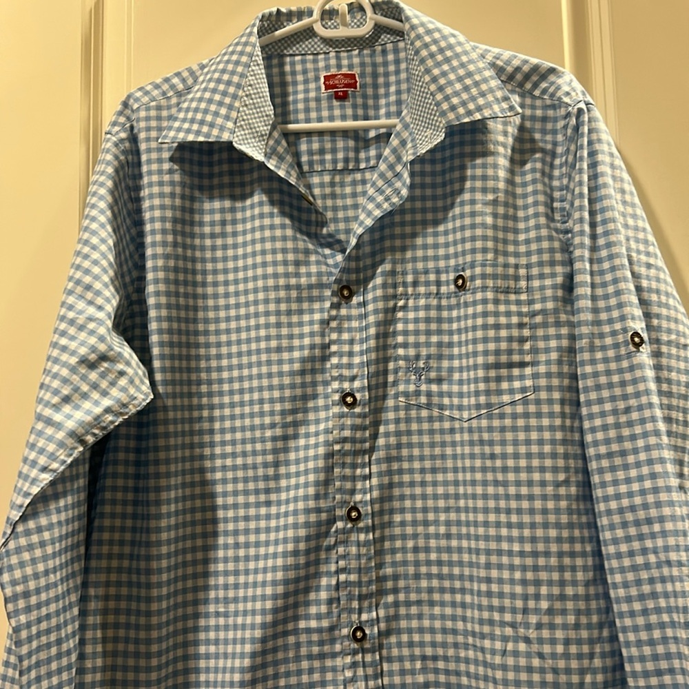 Schlusen Mens Checker Gingham Long Sleeve button down logo pocket Shirt size XL